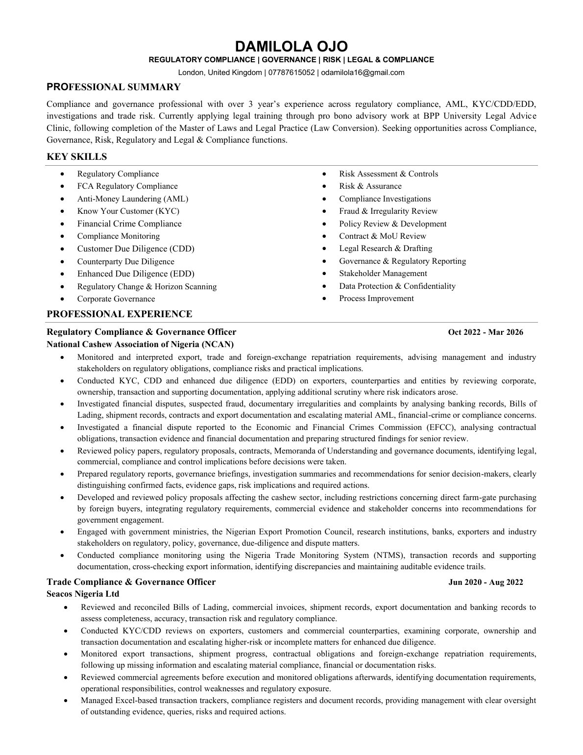 Page 1 of Damilola Ojo’s CV